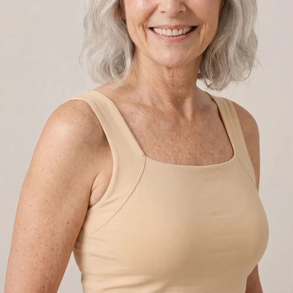 Maggie's built-in bra comfort tank worn without a bra